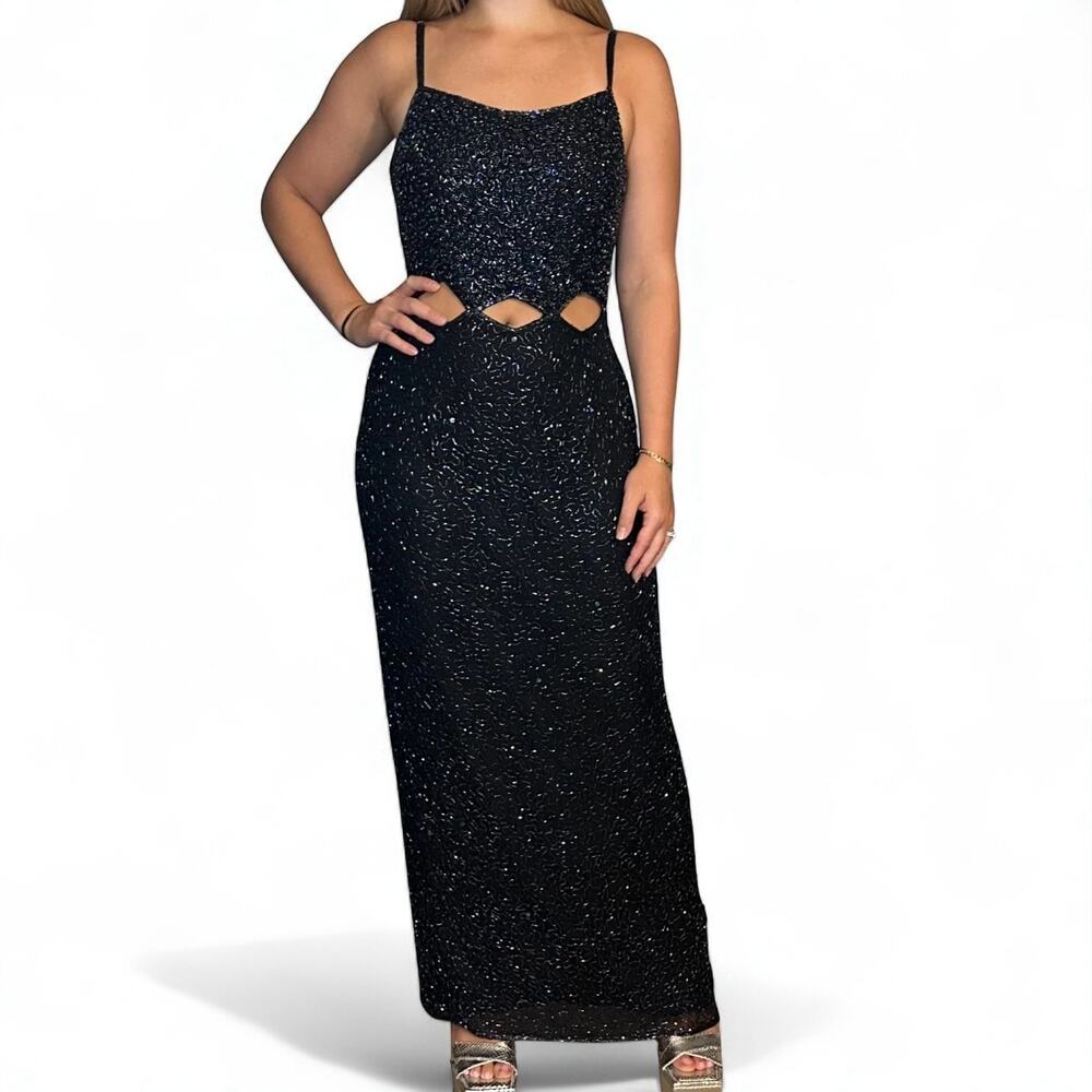 Scala Black Evening Gown Aurora Borealis Hand Beaded Formal Gala Fits Sz Medium